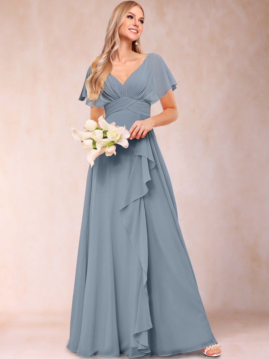 A-Line/Princess V-Neck Long Mother of the Bride Dresses with Ruffles
