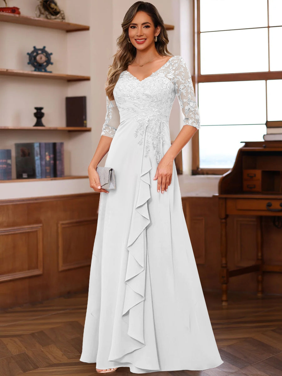 A-Line/Princess V-Neck Half Sleeves Mother of the Bride Dresses with Appliques & Ruffles