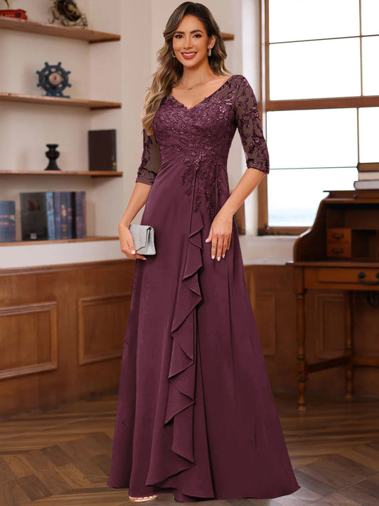 A-Line/Princess V-Neck Half Sleeves Mother of the Bride Dresses with Appliques & Ruffles
