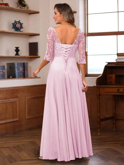 A-Line/Princess V-Neck Half Sleeves Mother of the Bride Dresses with Appliques & Ruffles