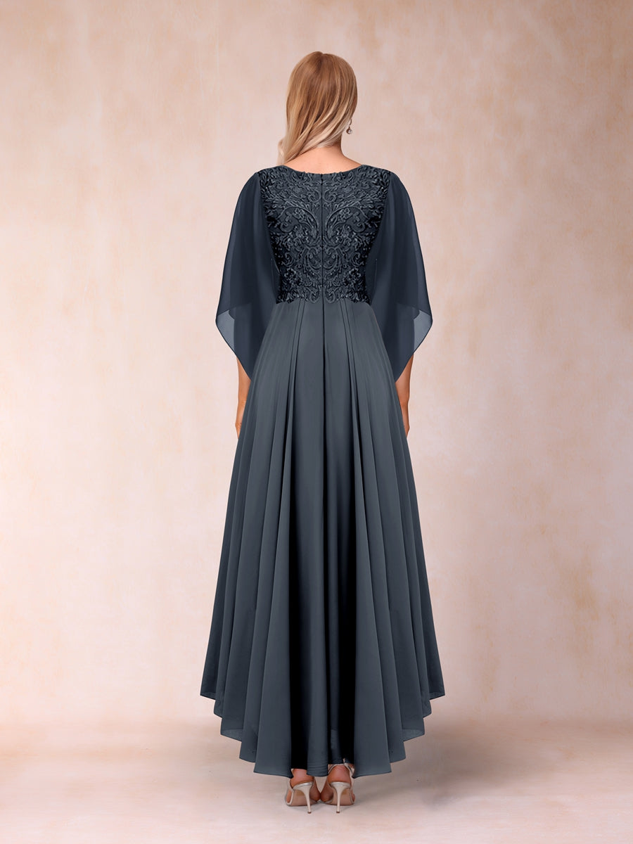 A-Line/Princess V-Neck 3/4 Sleeves Long Evening Dresses with Appliques