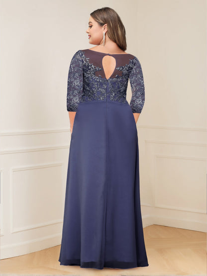 A-Line/Princess Illusion Scoop Appliques Ruched Plus Size Mother of the Bride Dresses