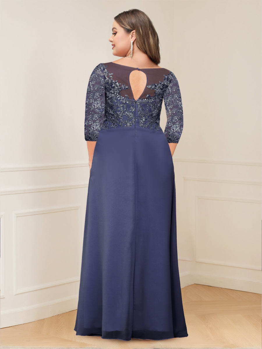 A-Line/Princess Illusion Scoop Appliques Ruched Plus Size Mother of the Bride Dresses