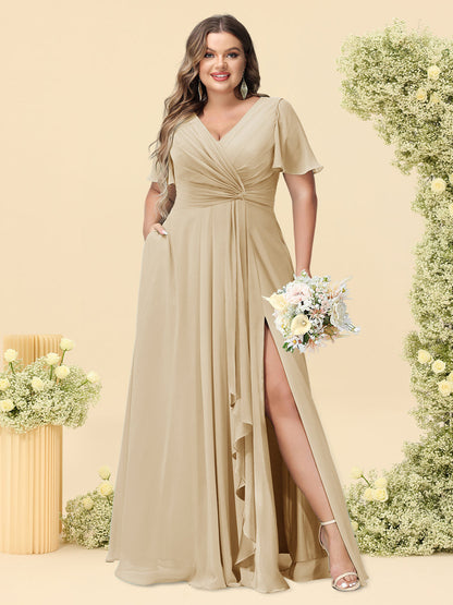 A-Line/Princess V-Neck Sleeveless Chiffon Plus Size Bridesmaid Dresses with Pockets