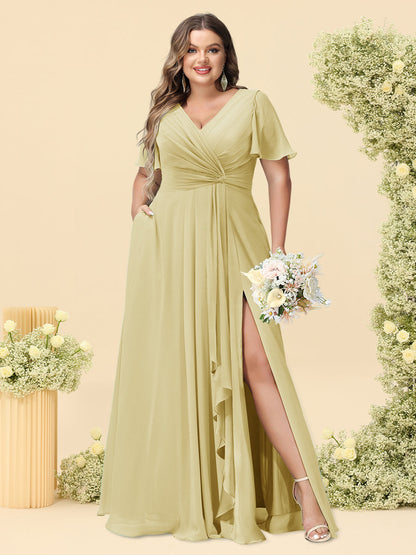 A-Line/Princess V-Neck Sleeveless Chiffon Plus Size Bridesmaid Dresses with Pockets