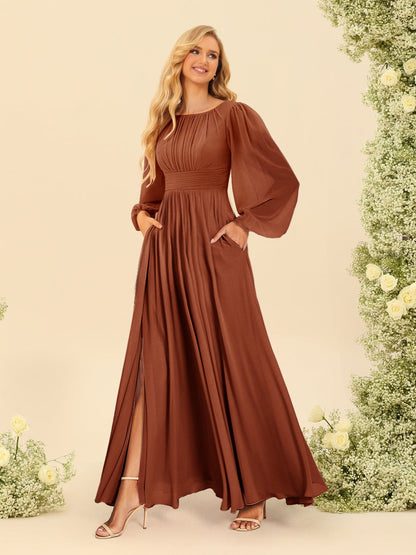 Chiffon A-Line/Princess Scoop Long Sleeves Ankle-Length Bridesmaid Dresses With Split Side