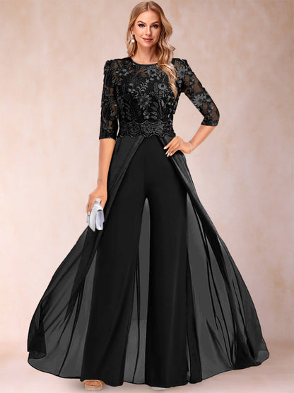 A-Line/Princess Scoop 3/4 Sleeves Jumpsuit with Applique