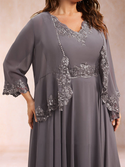 Chiffon 3/4 Sleeves Mother's Cardigan With Beading Appliques Lace