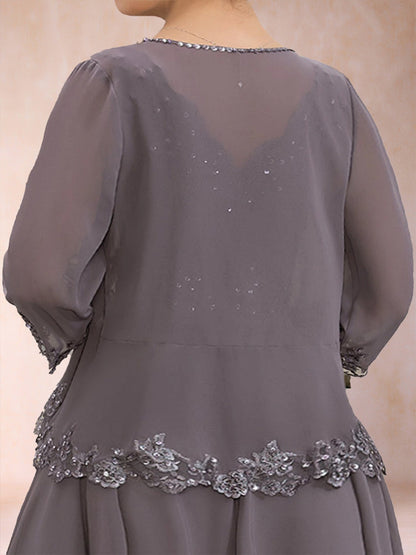 Chiffon 3/4 Sleeves Mother's Cardigan With Beading Appliques Lace