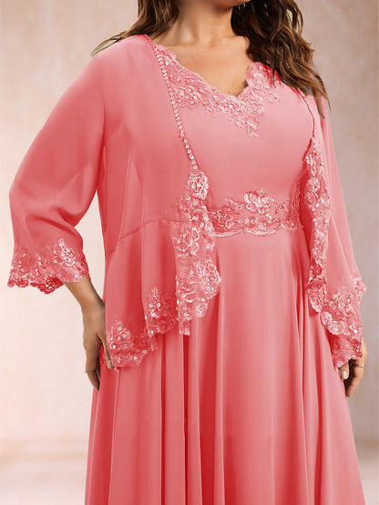 Chiffon 3/4 Sleeves Mother's Cardigan With Beading Appliques Lace