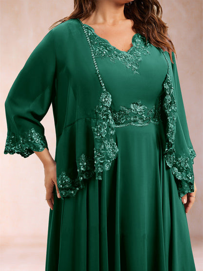 Chiffon 3/4 Sleeves Mother's Cardigan With Beading Appliques Lace