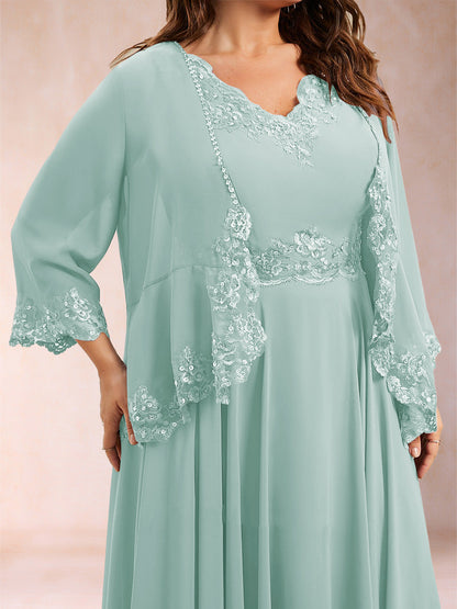 Chiffon 3/4 Sleeves Mother's Cardigan With Beading Appliques Lace