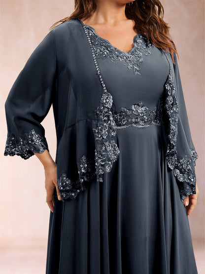 Chiffon 3/4 Sleeves Mother's Cardigan With Beading Appliques Lace