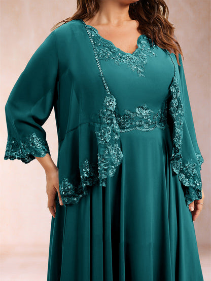 Chiffon 3/4 Sleeves Mother's Cardigan With Beading Appliques Lace