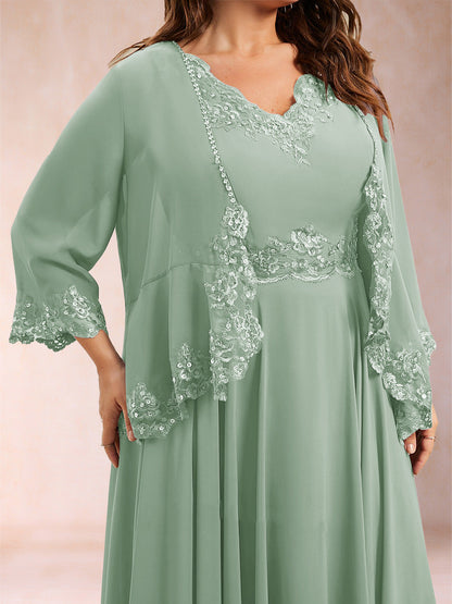 Chiffon 3/4 Sleeves Mother's Cardigan With Beading Appliques Lace