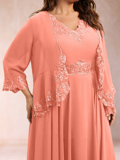 Chiffon 3/4 Sleeves Mother's Cardigan With Beading Appliques Lace