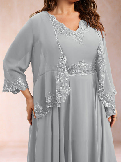 Chiffon 3/4 Sleeves Mother's Cardigan With Beading Appliques Lace