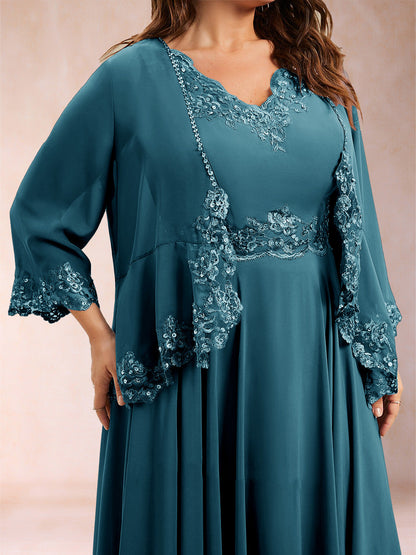 Chiffon 3/4 Sleeves Mother's Cardigan With Beading Appliques Lace