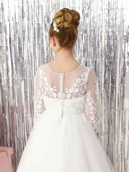 Ball-Gown 3/4 Sleeves Scoop Neck Floor-Length Flower Girl Dresses