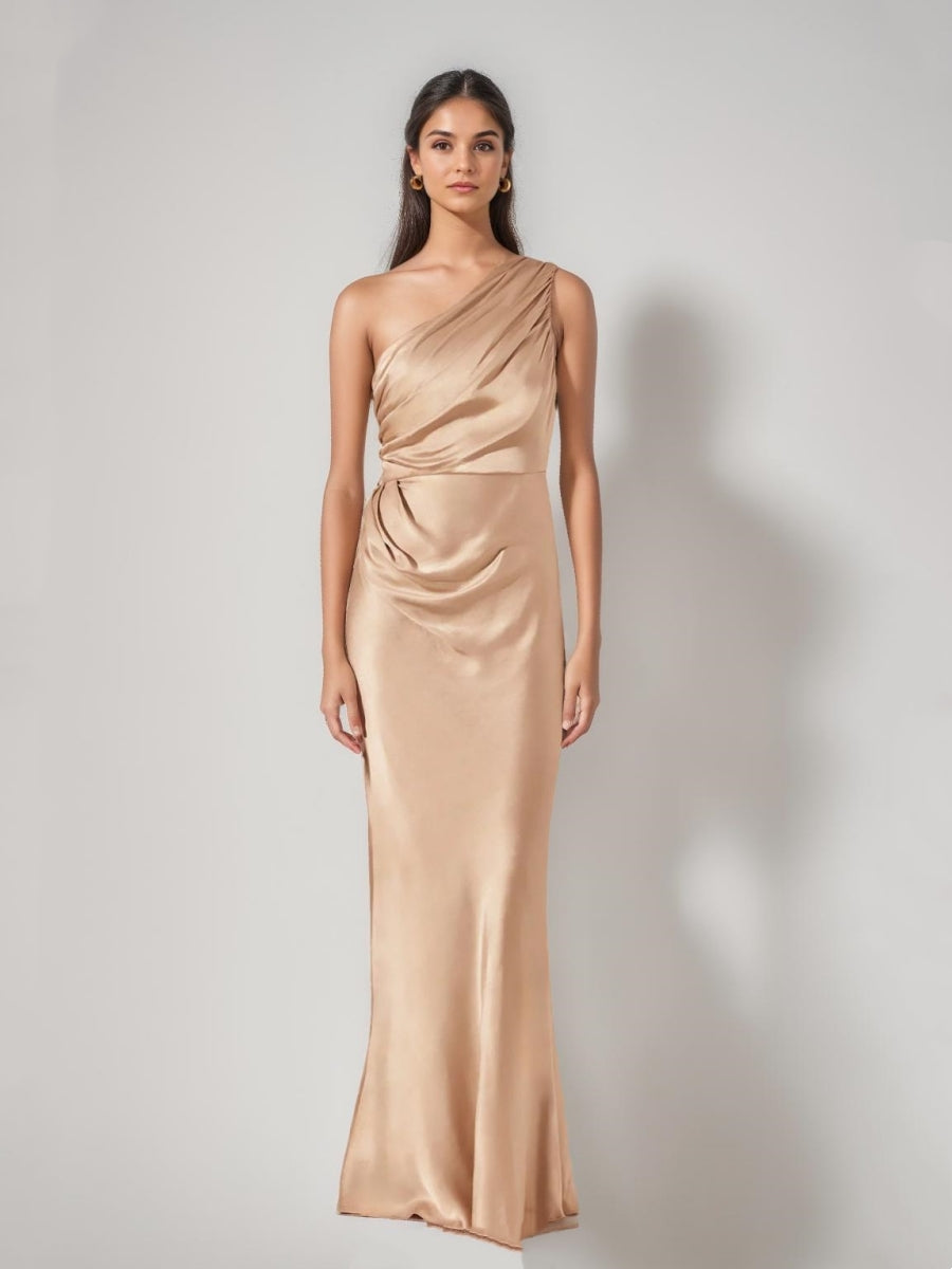 Sheath/Cloumn One-Shoulder Ruched Satin Floor-Length Bridesmaid Dresses