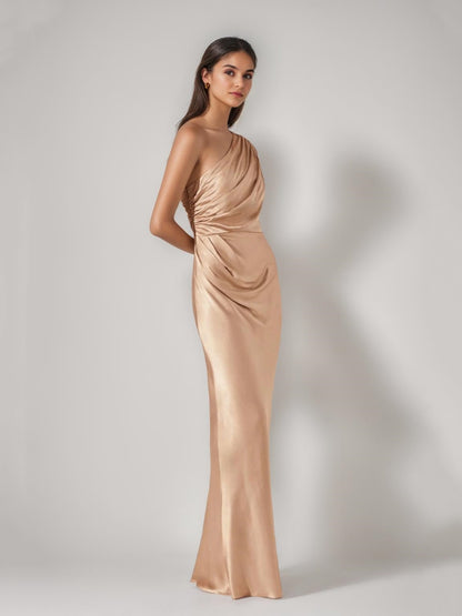 Sheath/Cloumn One-Shoulder Ruched Satin Floor-Length Bridesmaid Dresses