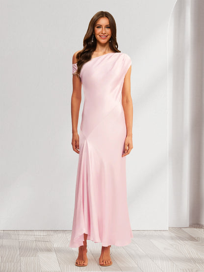 Sheath/Cloumn One-Shoulder Satin Ruched Ankle-Length Bridesmaid Dresses