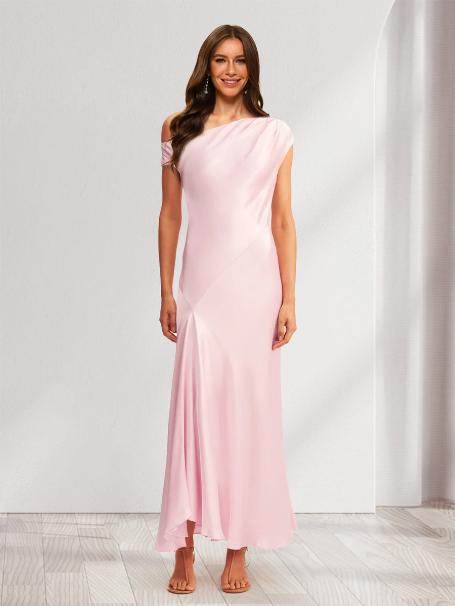 Sheath/Cloumn One-Shoulder Satin Ruched Ankle-Length Bridesmaid Dresses