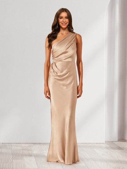 Sheath/Cloumn One-Shoulder Satin Ruched Floor-Length Bridesmaid Dresses