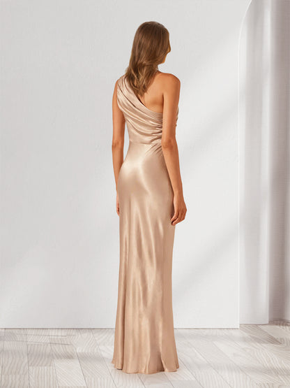 Sheath/Cloumn One-Shoulder Satin Ruched Floor-Length Bridesmaid Dresses