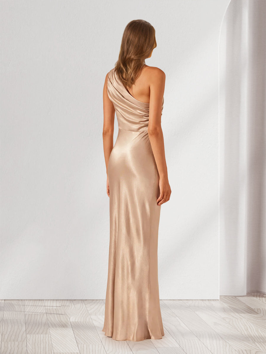 Sheath/Cloumn One-Shoulder Satin Ruched Floor-Length Bridesmaid Dresses