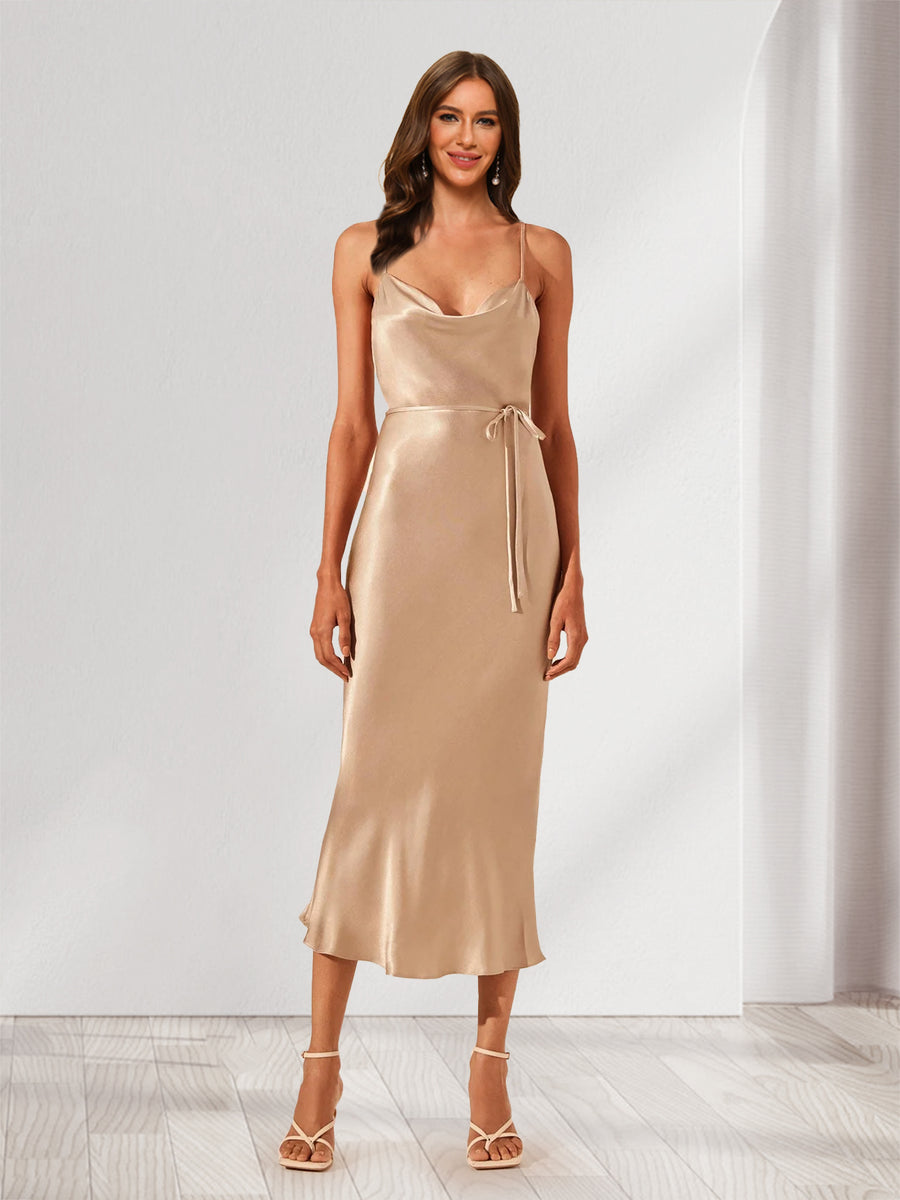 Sheath/Cloumn Spaghetti Straps Satin Ruched Tea-Length Bridesmaid Dresses