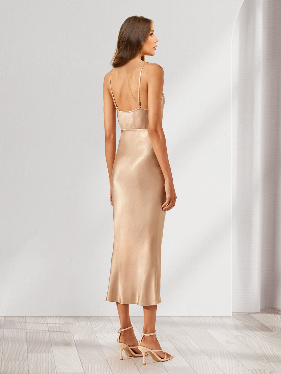 Sheath/Cloumn Spaghetti Straps Satin Ruched Tea-Length Bridesmaid Dresses