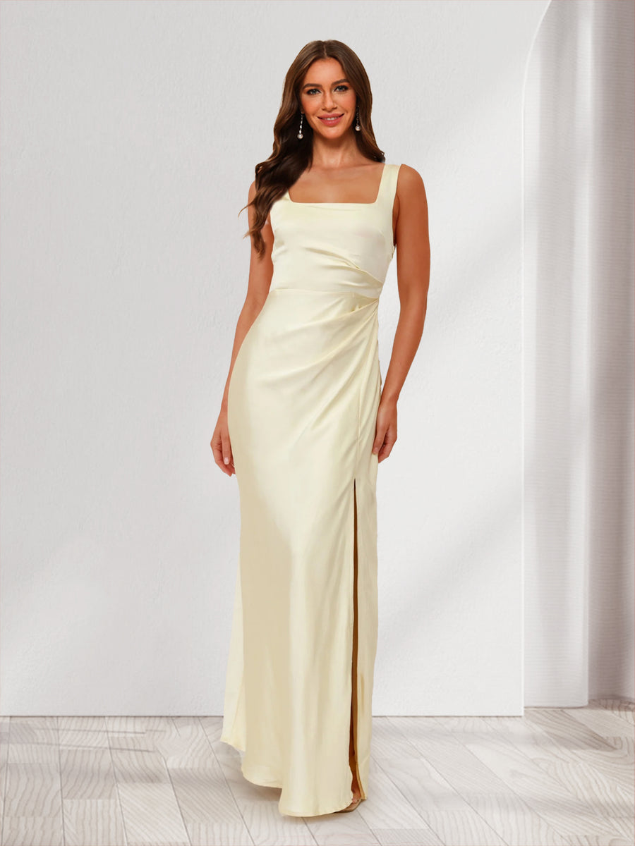 Sheath/Cloumn Square Neck Satin Floor-Length Bridesmaid Dresses with Side Slit