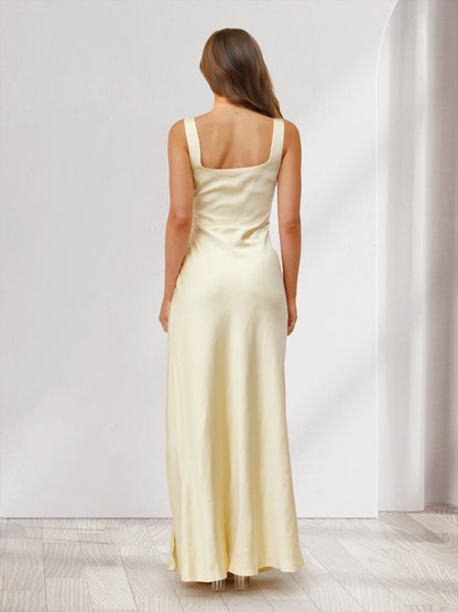 Sheath/Cloumn Square Neck Satin Floor-Length Bridesmaid Dresses with Side Slit