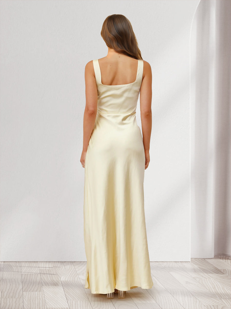 Sheath/Cloumn Square Neck Satin Floor-Length Bridesmaid Dresses with Side Slit