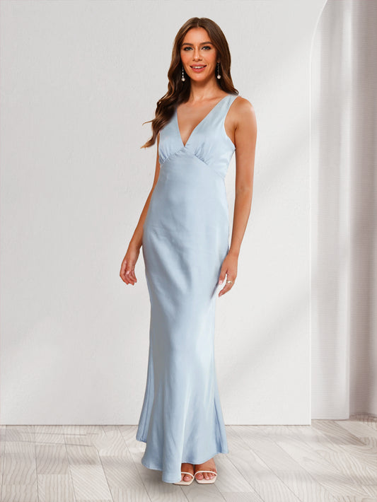 Trumpet/Mermaid Deep V-Neck Satin Floor-Length Bridesmaid Dresses