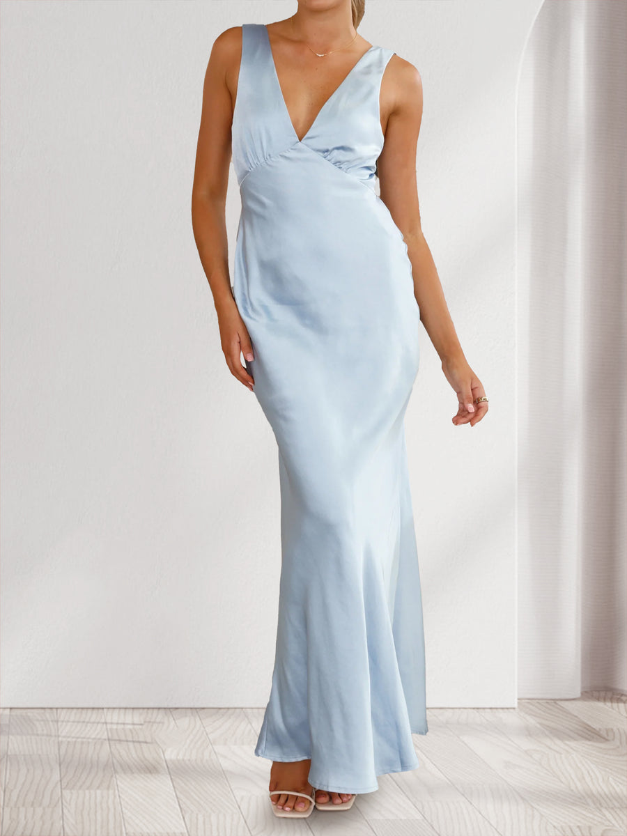 Trumpet/Mermaid Deep V-Neck Satin Floor-Length Bridesmaid Dresses