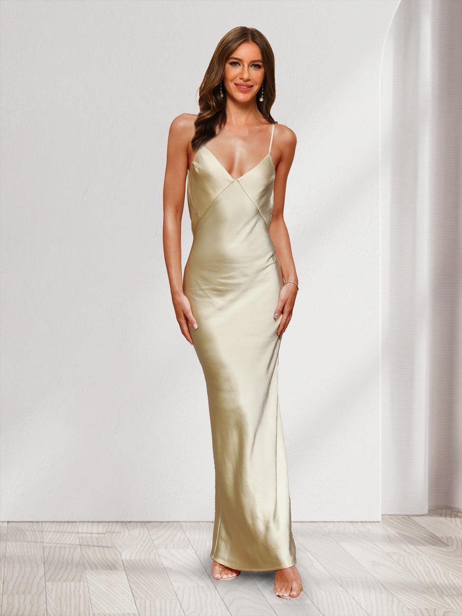 Trumpet/Mermaid Spaghetti Straps Satin Floor-Length Bridesmaid Dresses