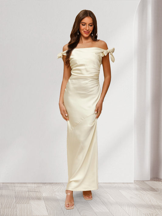 Sheath/Cloumn Off the Shoulder Satin Ankle-Length Bridesmaid Dresses with Bows