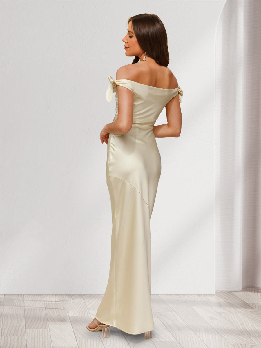 Sheath/Cloumn Off the Shoulder Satin Ankle-Length Bridesmaid Dresses with Bows