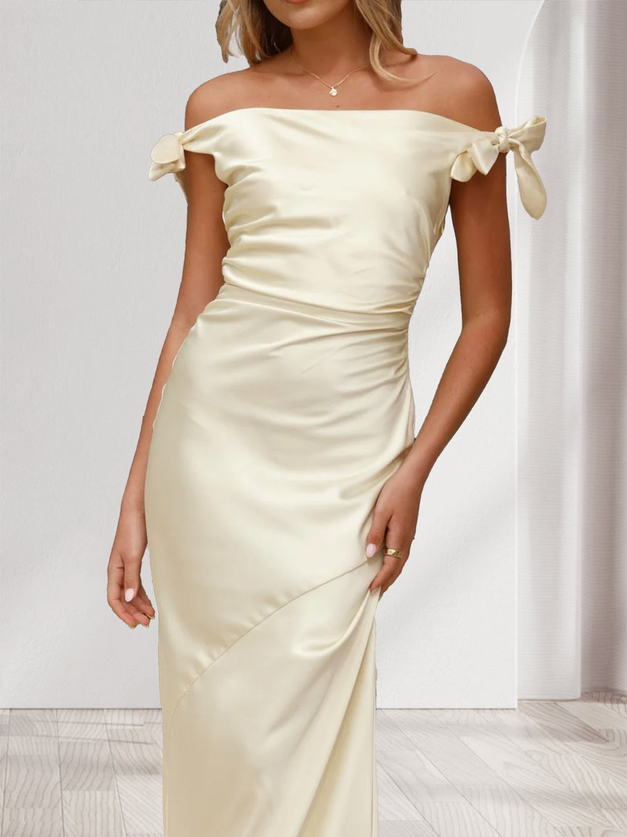 Sheath/Cloumn Off the Shoulder Satin Ankle-Length Bridesmaid Dresses with Bows
