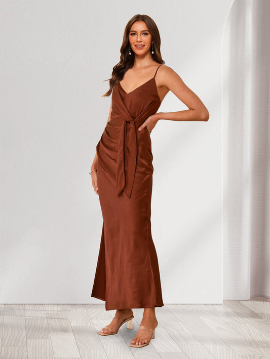 Sheath/Cloumn Spaghetti Straps Satin Ankle-Length Bridesmaid Dresses with Tie Front