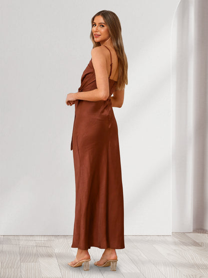 Sheath/Cloumn Spaghetti Straps Satin Ankle-Length Bridesmaid Dresses with Tie Front