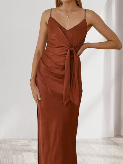 Sheath/Cloumn Spaghetti Straps Satin Ankle-Length Bridesmaid Dresses with Tie Front