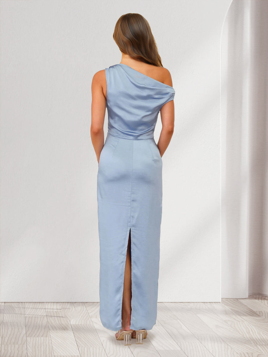 Sheath/Cloumn One-Shoulder Satin Ruched Ankle-Length Bridesmaid Dresses with Back Slit