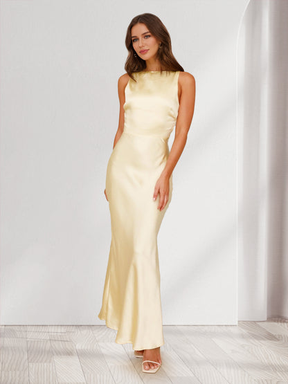 Sheath/Cloumn Boat Neck Satin Ankle-Length Backless Bridesmaid Dresses