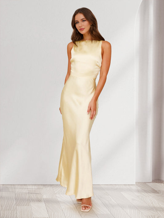 Sheath/Cloumn Boat Neck Satin Ankle-Length Backless Bridesmaid Dresses