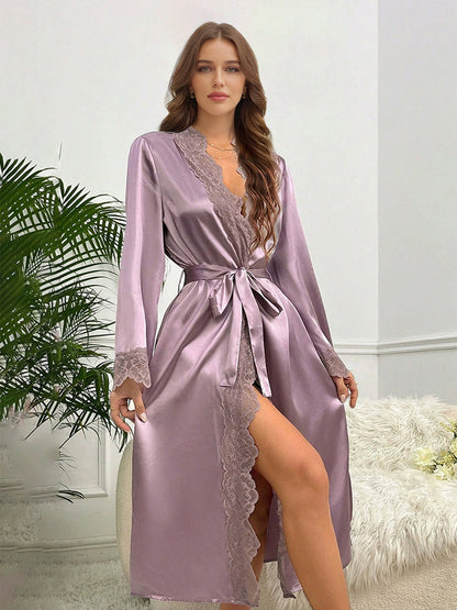 Silk Satin Long Sexy Bride Robes with Lace Trim