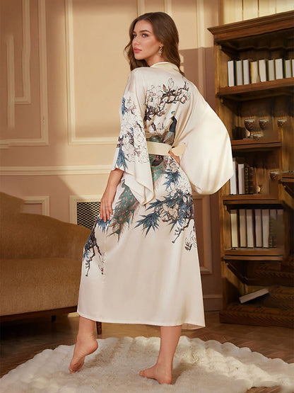 Hand Painted Peacock Silk Satin Women's Robes