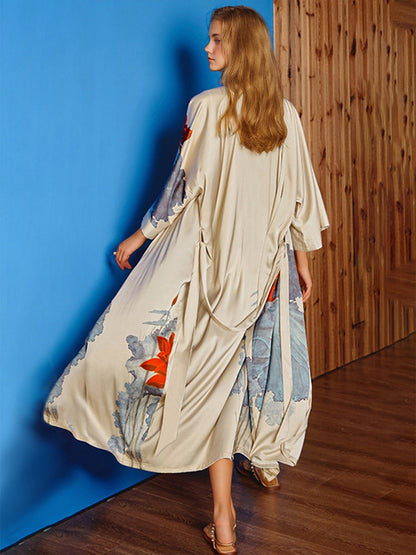 Hand Painted Lotus Satin Tea-Length Long Women's Robes